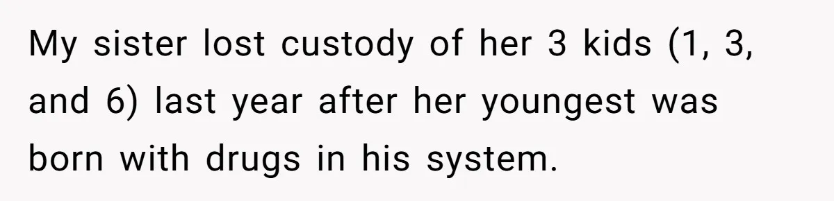 My sister lost custody of her 3 kids (1, 3, and 6) last year after her youngest was born with drugs in his system.