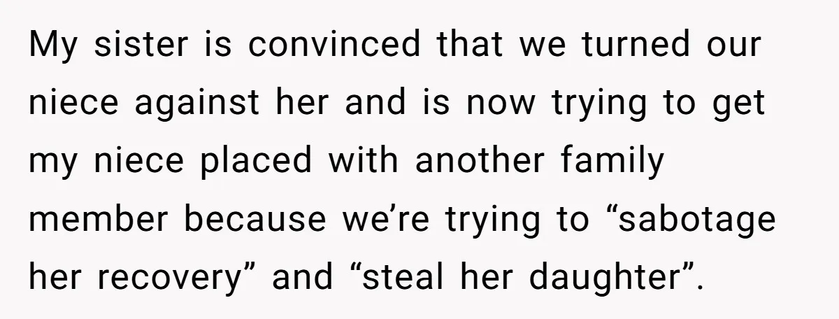 My sister is convinced that we turned our niece against her and is now trying to get my niece placed with another family member because we’re trying to “sabotage her...