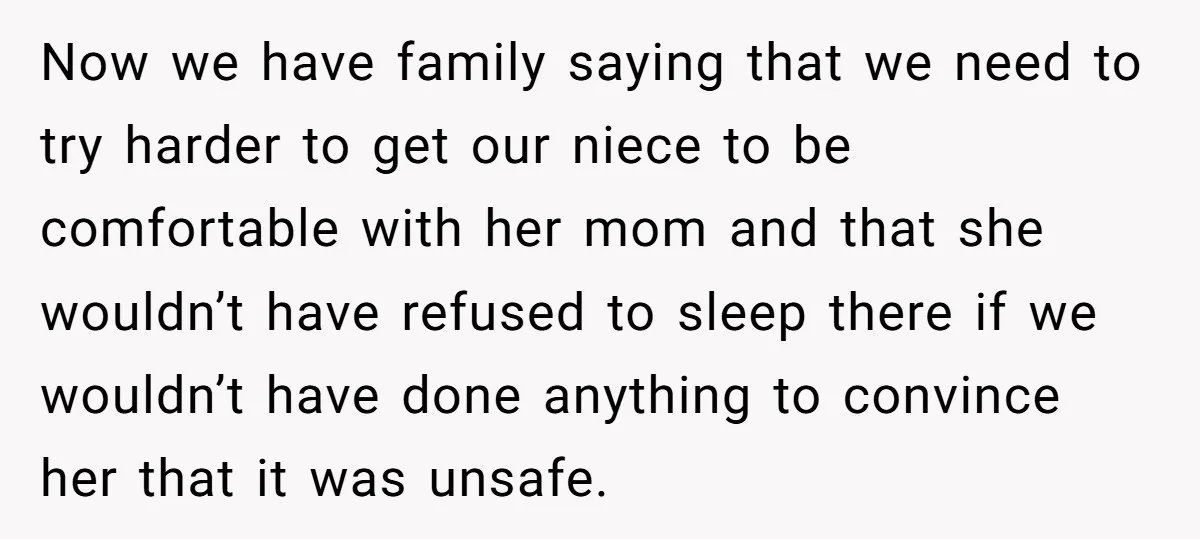 Now we have family saying that we need to try harder to get our niece to be comfortable with her mom and that she wouldn’t have refused to sleep there...