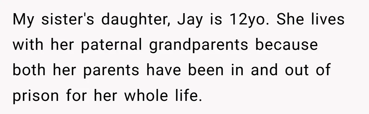 Her Sister Wanted Updates About the Daughter She Abandoned, but One Aunt Refused to Betray the Child’s Trust My sister's daughter, Jay is 12yo. She lives with her paternal grandparents because both her parents have been in and out of prison for her whole life.
