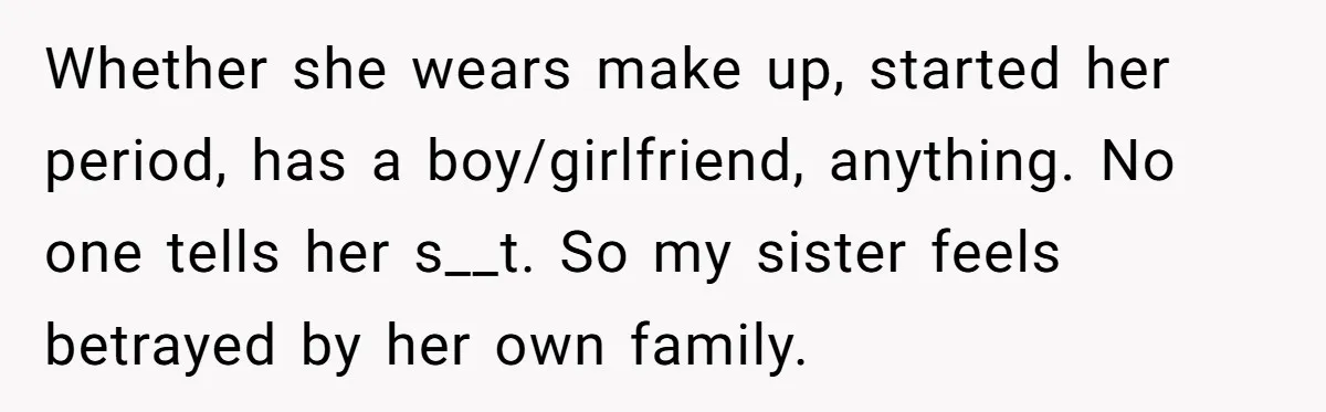 Her Sister Wanted Updates About the Daughter She Abandoned, but One Aunt Refused to Betray the Child’s Trust Whether she wears make up, started her period, has a boy/girlfriend, anything. No one tells her s__t. So my sister feels betrayed by her own family.