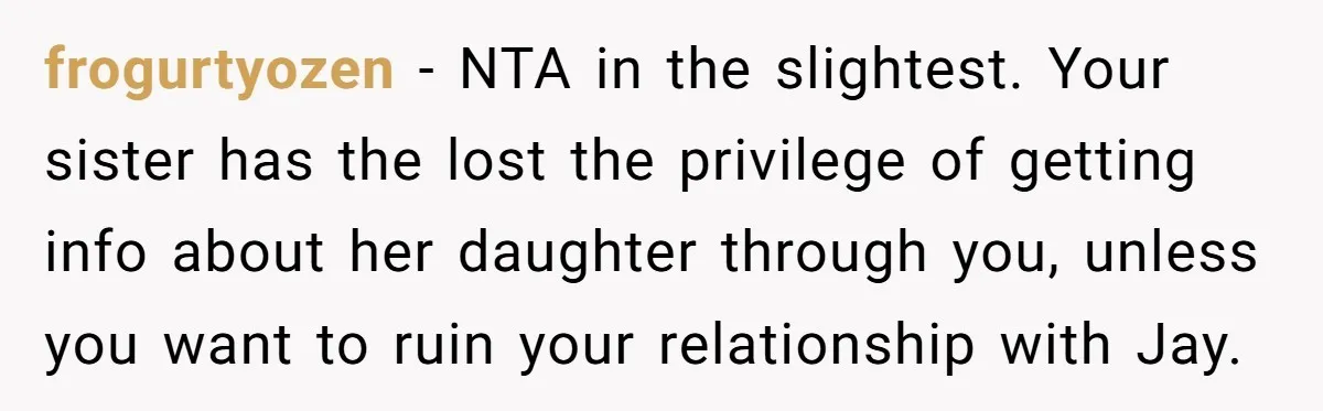 Her Sister Wanted Updates About the Daughter She Abandoned, but One Aunt Refused to Betray the Child’s Trust frogurtyozen − NTA in the slightest. Your sister has the lost the privilege of getting info about her daughter through you, unless you want to ruin your relationship with Jay.