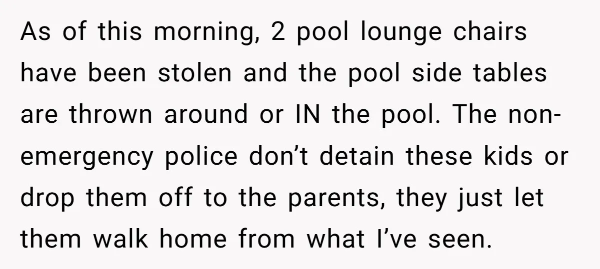 As of this morning, 2 pool lounge chairs have been stolen and the pool side tables are thrown around or IN the pool. The non-emergency police don’t detain these kids...