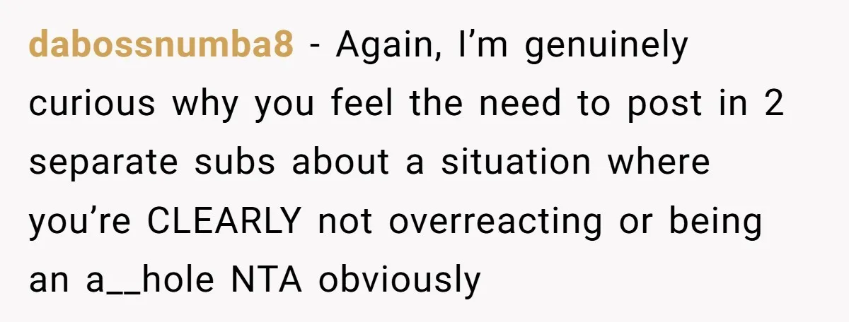 dabossnumba8 − Again, I’m genuinely curious why you feel the need to post in 2 separate subs about a situation where you’re CLEARLY not overreacting or being an a__hole NTA...