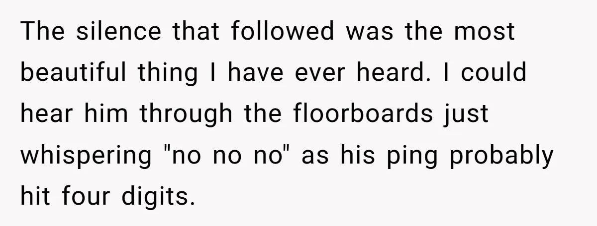 The silence that followed was the most beautiful thing I have ever heard. I could hear him through the floorboards just whispering "no no no" as his ping probably hit...