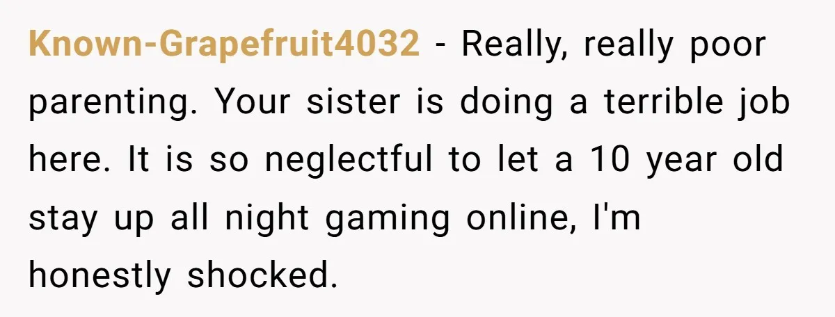 Known-Grapefruit4032 − Really, really poor parenting. Your sister is doing a terrible job here. It is so neglectful to let a 10 year old stay up all night gaming online,...