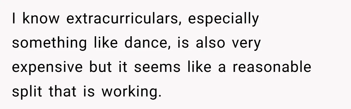 I know extracurriculars, especially something like dance, is also very expensive but it seems like a reasonable split that is working.