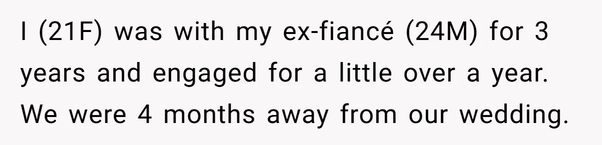 I (21F) was with my ex-fiancé (24M) for 3 years and engaged for a little over a year. We were 4 months away from our wedding.