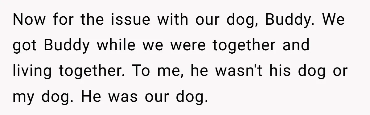 Now for the issue with our dog, Buddy. We got Buddy while we were together and living together. To me, he wasn't his dog or my dog. He was our...
