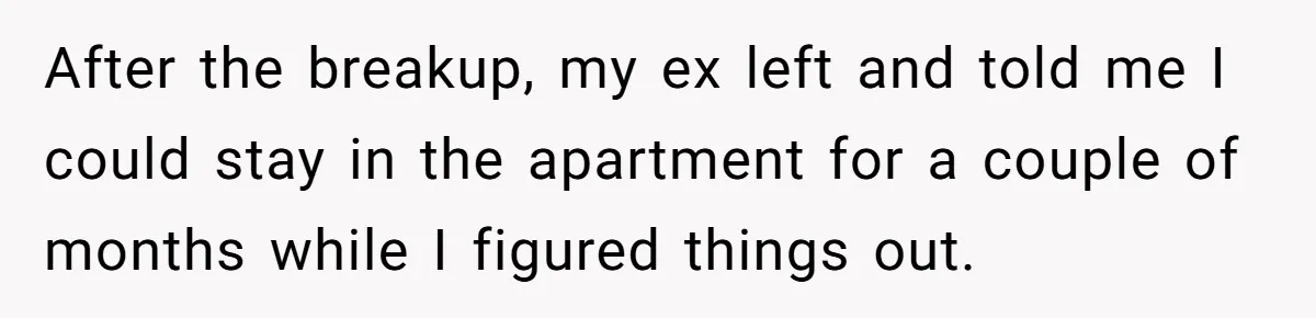 After the breakup, my ex left and told me I could stay in the apartment for a couple of months while I figured things out.