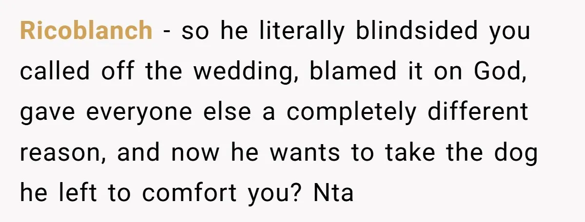 Ricoblanch − so he literally blindsided you called off the wedding, blamed it on God, gave everyone else a completely different reason, and now he wants to take the dog...