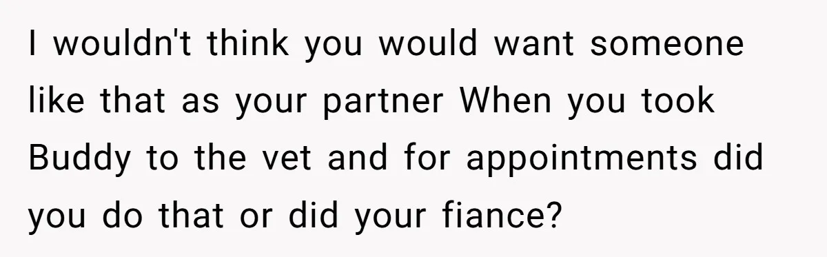 I wouldn't think you would want someone like that as your partner When you took Buddy to the vet and for appointments did you do that or did your fiance?