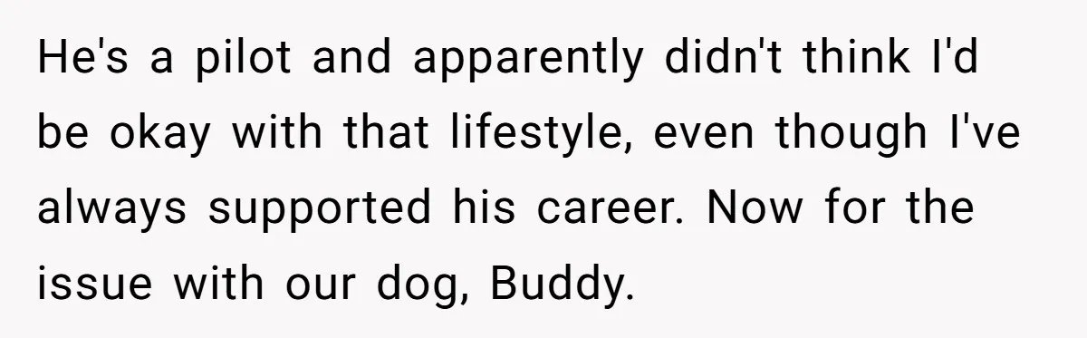He's a pilot and apparently didn't think I'd be okay with that lifestyle, even though I've always supported his career. Now for the issue with our dog, Buddy.