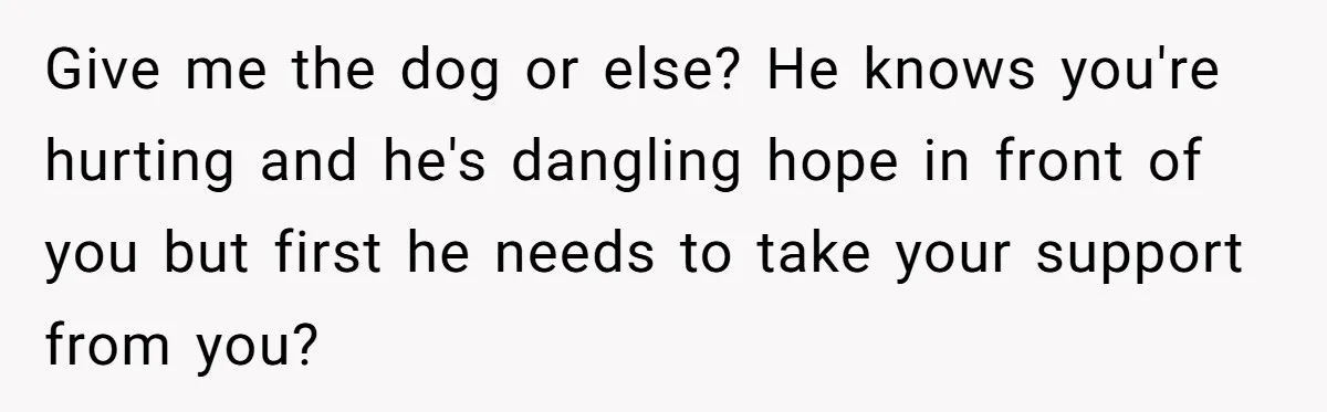 Give me the dog or else? He knows you're hurting and he's dangling hope in front of you but first he needs to take your support from you?