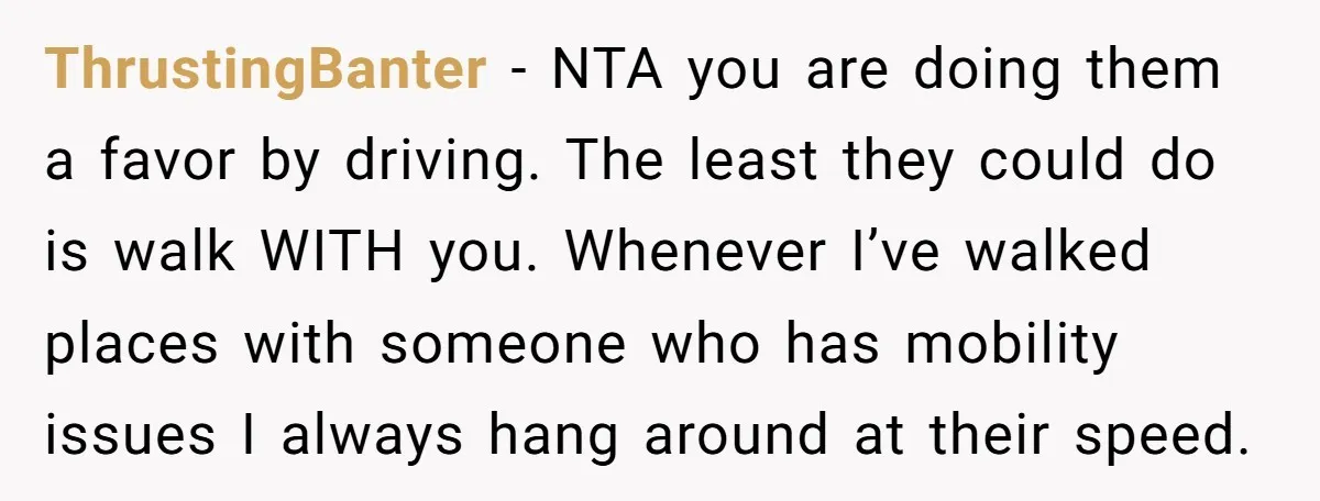 ThrustingBanter − NTA you are doing them a favor by driving. The least they could do is walk WITH you. Whenever I’ve walked places with someone who has mobility issues...