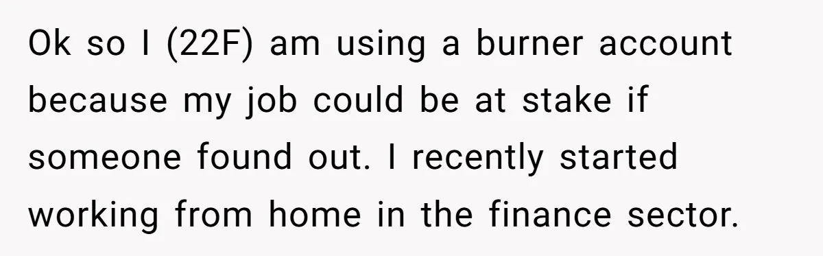 Ok so I (22F) am using a burner account because my job could be at stake if someone found out. I recently started working from home in the finance sector.
