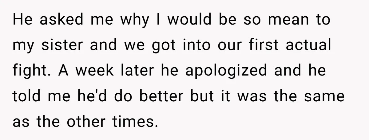 He asked me why I would be so mean to my sister and we got into our first actual fight. A week later he apologized and he told me he'd...