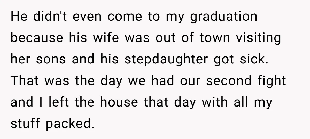 He didn't even come to my graduation because his wife was out of town visiting her sons and his stepdaughter got sick. That was the day we had our second...