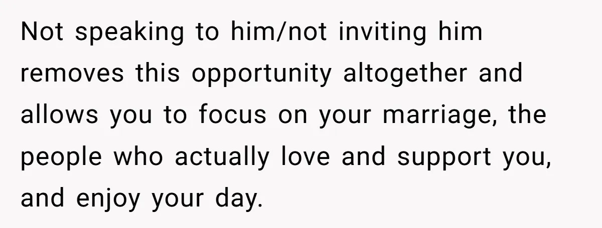 Not speaking to him/not inviting him removes this opportunity altogether and allows you to focus on your marriage, the people who actually love and support you, and enjoy your day.