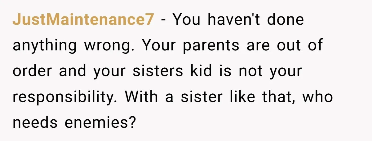 JustMaintenance7 − You haven't done anything wrong. Your parents are out of order and your sisters kid is not your responsibility. With a sister like that, who needs enemies?