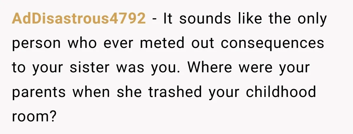 AdDisastrous4792 − It sounds like the only person who ever meted out consequences to your sister was you. Where were your parents when she trashed your childhood room?