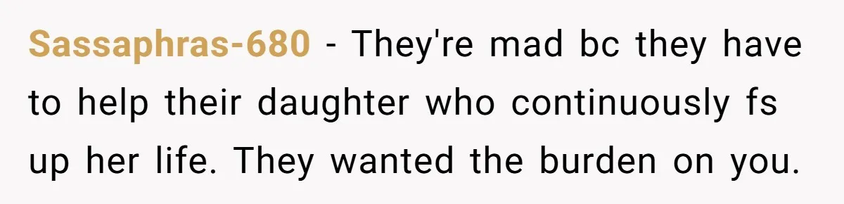 Sassaphras-680 − They're mad bc they have to help their daughter who continuously fs up her life. They wanted the burden on you.
