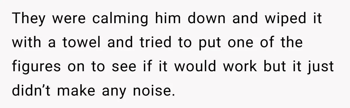 They were calming him down and wiped it with a towel and tried to put one of the figures on to see if it would work but it just didn’t...
