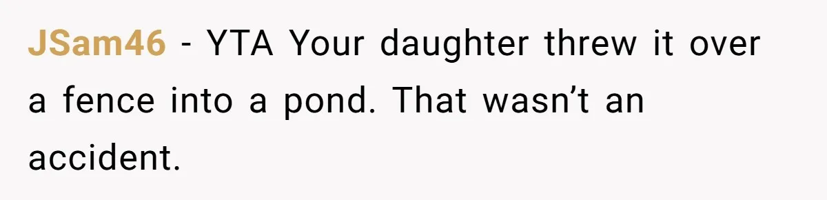 JSam46 − YTA Your daughter threw it over a fence into a pond. That wasn’t an accident.