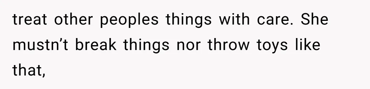 treat other peoples things with care. She mustn’t break things nor throw toys like that,
