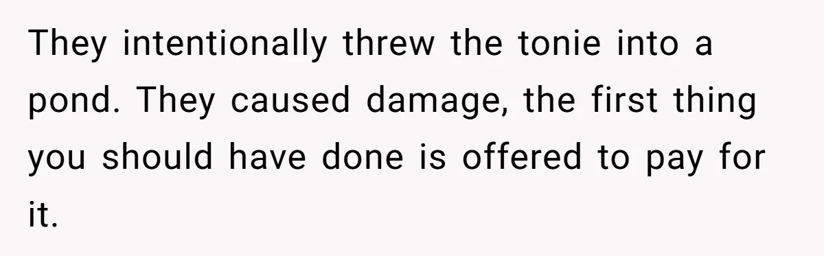 They intentionally threw the tonie into a pond. They caused damage, the first thing you should have done is offered to pay for it.