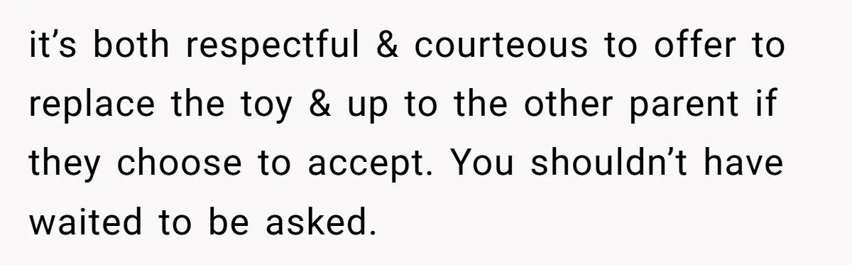 it’s both respectful & courteous to offer to replace the toy & up to the other parent if they choose to accept. You shouldn’t have waited to be asked.