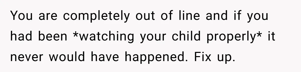 You are completely out of line and if you had been *watching your child properly* it never would have happened. Fix up.