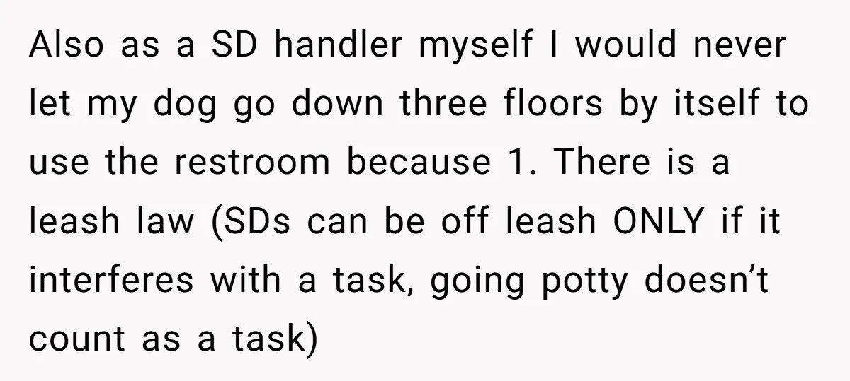 Also as a SD handler myself I would never let my dog go down three floors by itself to use the restroom because 1. There is a leash law (SDs...
