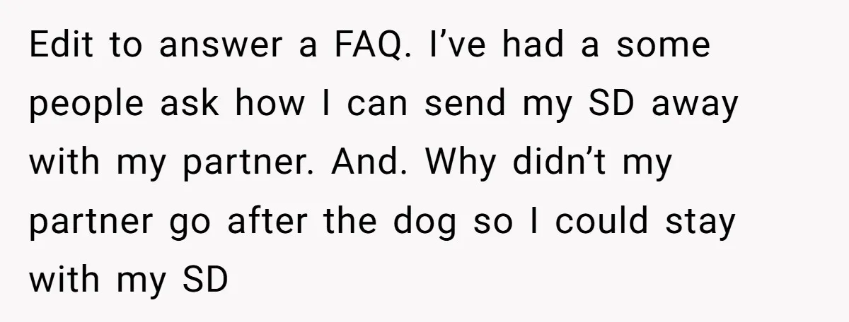 Edit to answer a FAQ. I’ve had a some people ask how I can send my SD away with my partner. And. Why didn’t my partner go after the dog...