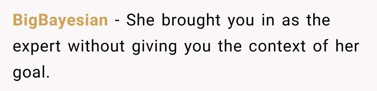 BigBayesian − She brought you in as the expert without giving you the context of her goal.
