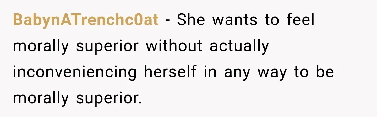 BabynATrenchc0at − She wants to feel morally superior without actually inconveniencing herself in any way to be morally superior.