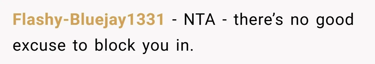 Flashy-Bluejay1331 − NTA - there’s no good excuse to block you in.