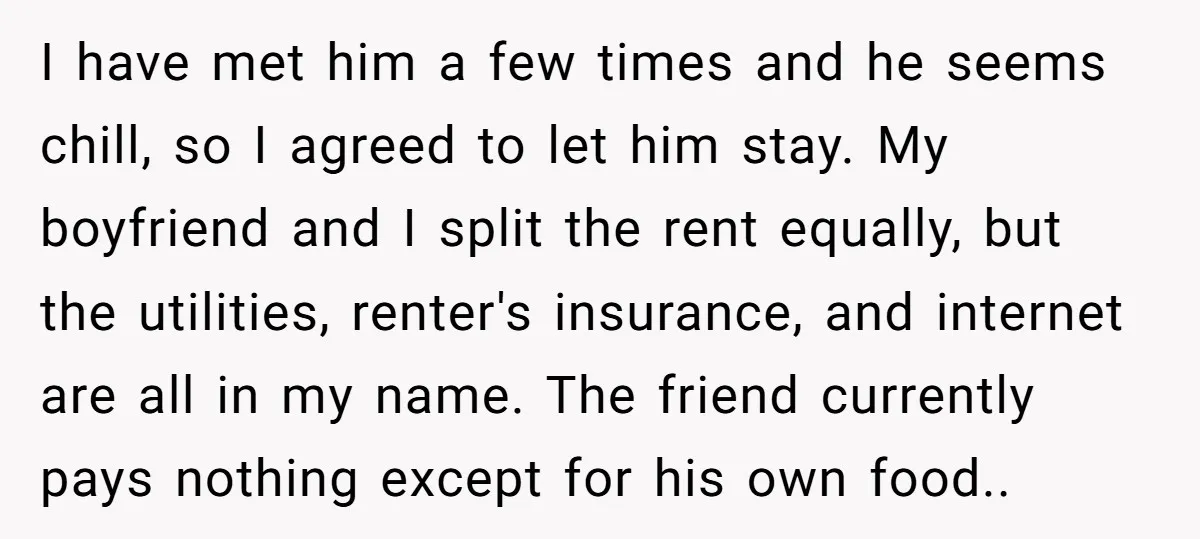 I have met him a few times and he seems chill, so I agreed to let him stay. My boyfriend and I split the rent equally, but the utilities, renter's...