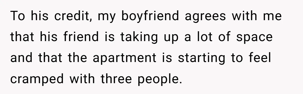 To his credit, my boyfriend agrees with me that his friend is taking up a lot of space and that the apartment is starting to feel cramped with three people.