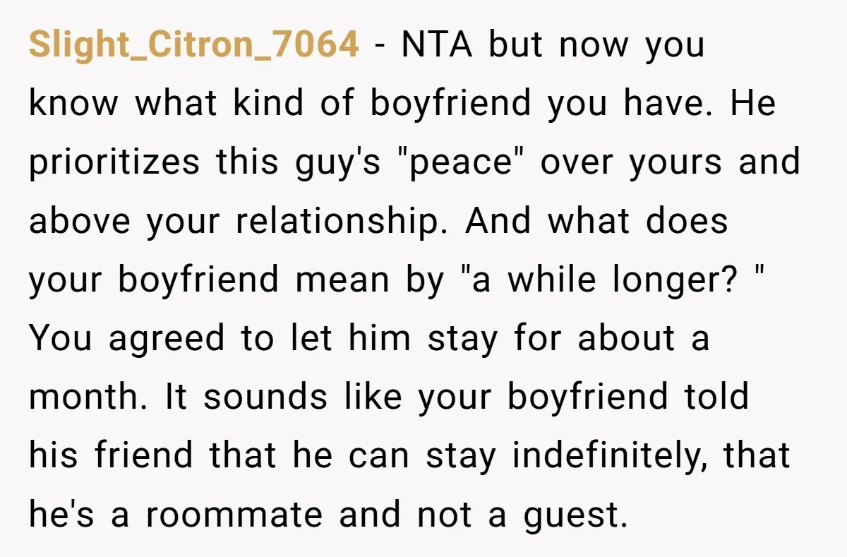 Slight_Citron_7064 − NTA but now you know what kind of boyfriend you have. He prioritizes this guy's "peace" over yours and above your relationship. And what does your boyfriend mean...