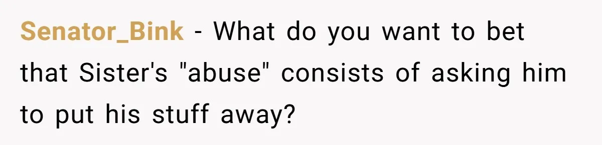 Senator_Bink − What do you want to bet that Sister's "abuse" consists of asking him to put his stuff away?