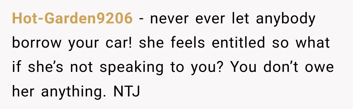 Hot-Garden9206 − never ever let anybody borrow your car! she feels entitled so what if she’s not speaking to you? You don’t owe her anything. NTJ