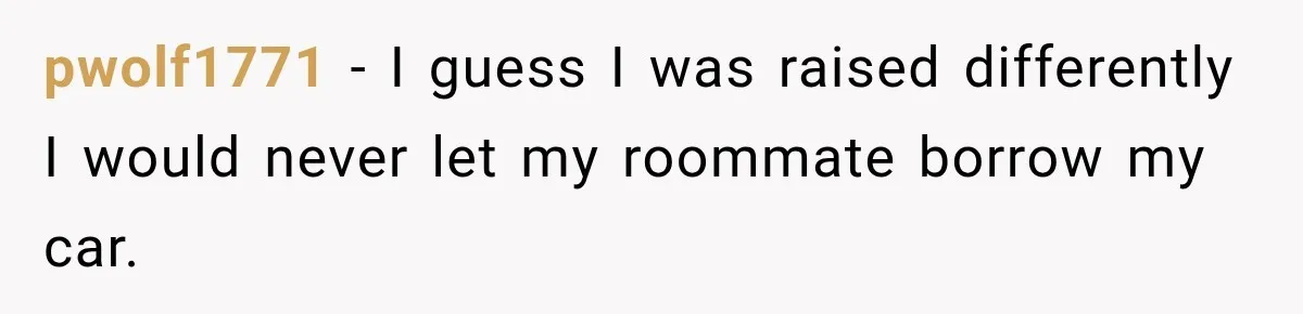 pwolf1771 − I guess I was raised differently I would never let my roommate borrow my car.
