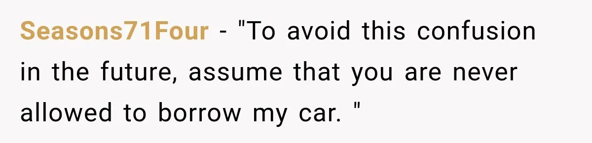 Seasons71Four − "To avoid this confusion in the future, assume that you are never allowed to borrow my car. "