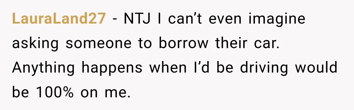 LauraLand27 − NTJ I can’t even imagine asking someone to borrow their car. Anything happens when I’d be driving would be 100% on me.