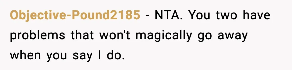 Groom-To-Be Considers Canceling Wedding Days Before Ceremony After Fiancée’s Latest Outburst Objective-Pound2185 − NTA. You two have problems that won't magically go away when you say I do.