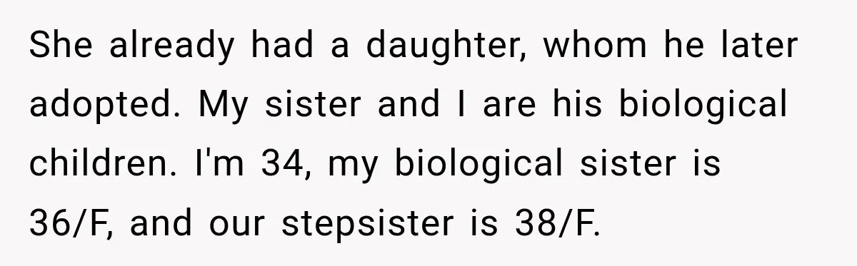 His Father’s Accidental Voice Message Confirmed What He’d Suspected for 30 Years She already had a daughter, whom he later adopted. My sister and I are his biological children. I'm 34, my biological sister is 36/F, and our stepsister is 38/F.