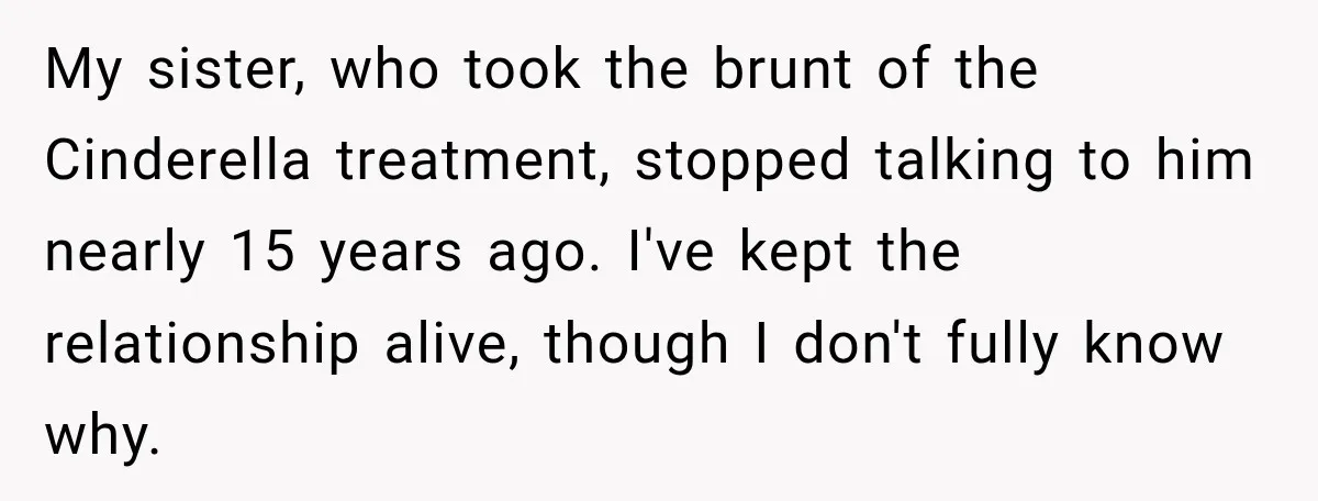 His Father’s Accidental Voice Message Confirmed What He’d Suspected for 30 Years My sister, who took the brunt of the Cinderella treatment, stopped talking to him nearly 15 years ago. I've kept the relationship alive, though I don't fully know why.
