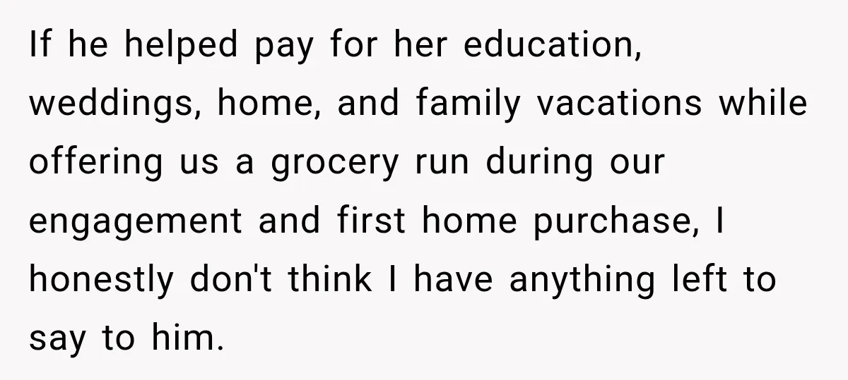 His Father’s Accidental Voice Message Confirmed What He’d Suspected for 30 Years If he helped pay for her education, weddings, home, and family vacations while offering us a grocery run during our engagement and first home purchase, I honestly don't think I...