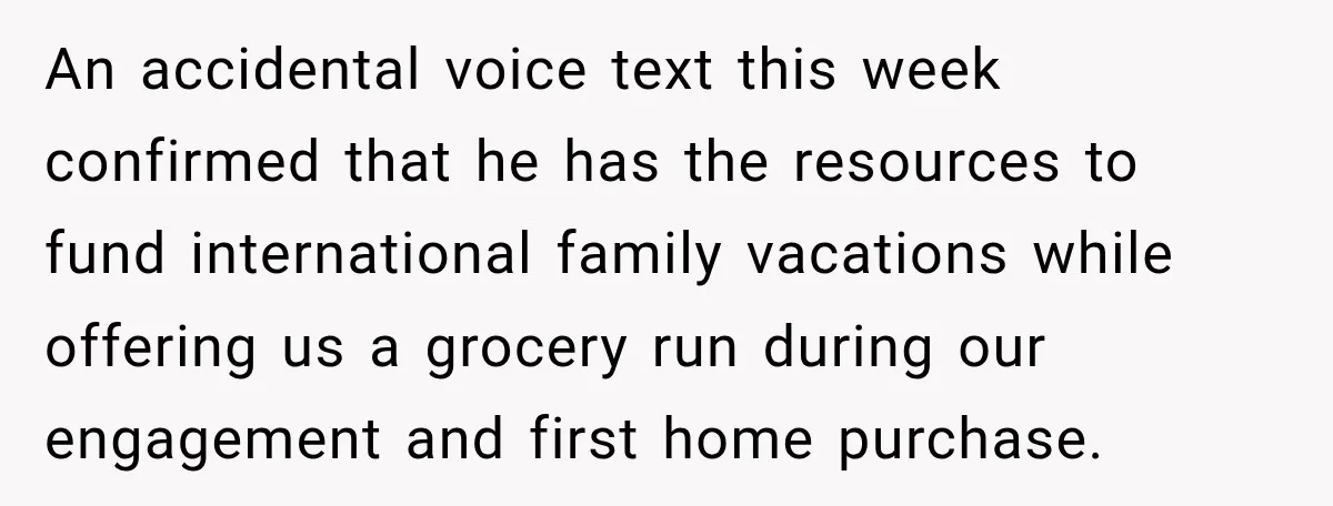 His Father’s Accidental Voice Message Confirmed What He’d Suspected for 30 Years An accidental voice text this week confirmed that he has the resources to fund international family vacations while offering us a grocery run during our engagement and first home purchase.